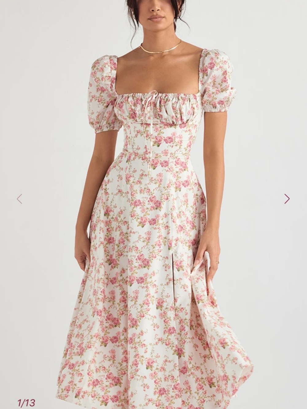 Floral Puff-Sleeve Midi Dress in Pink and Cream